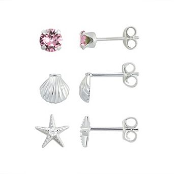 Charming Girl Sterling Silver Starfish & Sea Shell 3-Pair Stud Earring Set