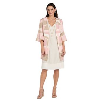 Petite R&M Richards 3 pc Printed Bell Sleeve Jacket & A-Line Dress Set with Necklace