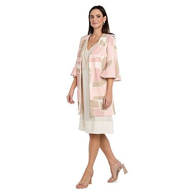 Petite R&M Richards 3-Piece Printed Bell Sleeve Jacket & A-Line Dress Set with Necklace