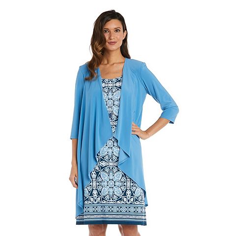 Женские платья R&M Petite R&M Richards 3 pc Printed Flyaway Jacket & Dress Set with Necklace