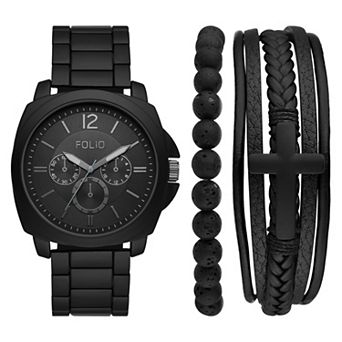 Folio Men's Black Watch & Cross Bracelet Set - FMDKSET549
