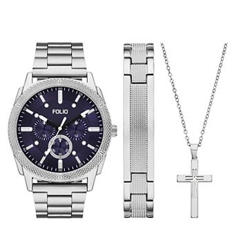 Folio Men's Alloy Polished Rope Chain Watch & Pendant Set