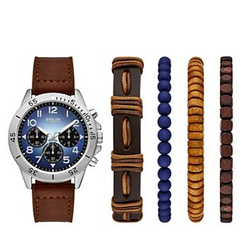 Folio Men's Leather Strap Watch & Bracelet Set