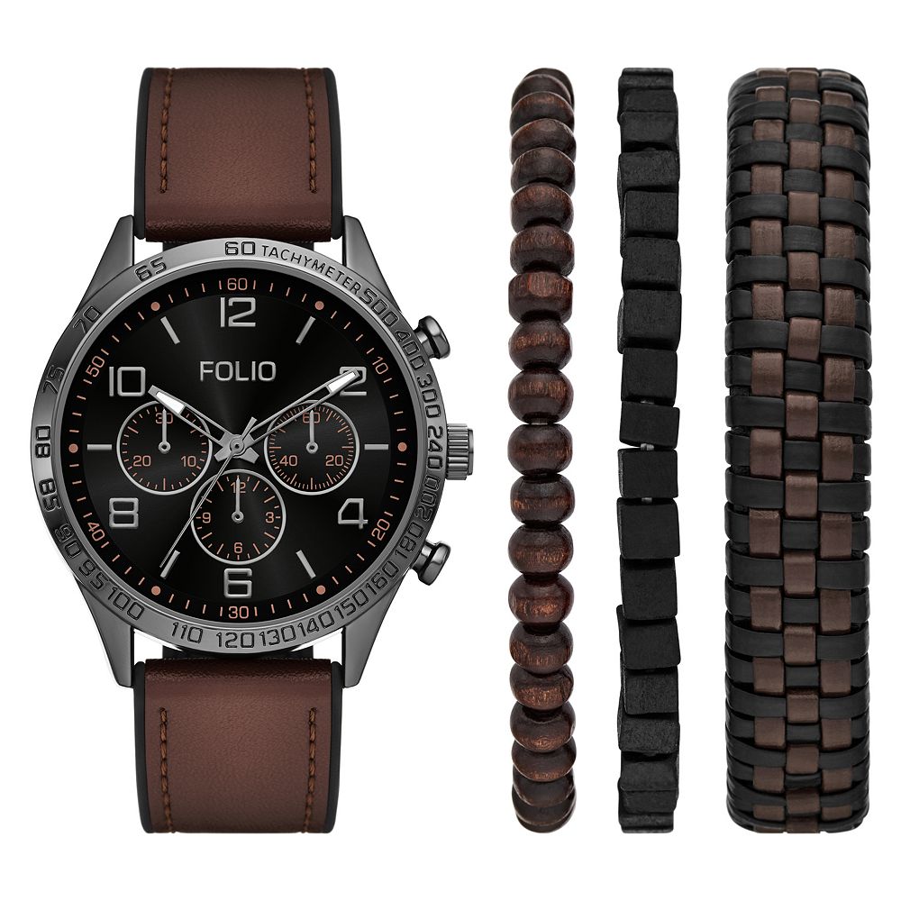 Folio Men's 44mm Gunmetal Brown Strap Watch & Bracelet Set - FMDKSET530
