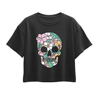 Girls 7-16 Tropical Floral Skull Boxy Tee