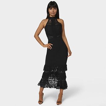 Women's bebe Halter Tiered Lace Midi Dress