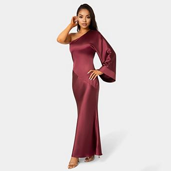 Women's bebe One Shoulder Bell Sleeve Satin Maxi Dress