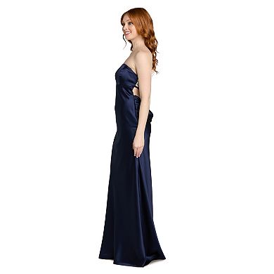 Juniors' Morgan and Co Strapless Satin Gown with Beaded Back Detail
