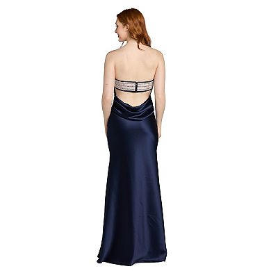 Juniors' Morgan and Co Strapless Satin Gown with Beaded Back Detail