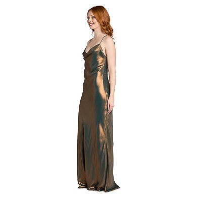 Juniors' Morgan and Co Metallic Foil Satin Cowl Neck Maxi Slip Dress