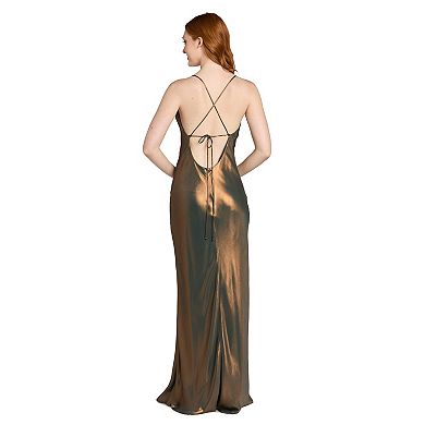 Juniors' Morgan and Co Metallic Foil Satin Cowl Neck Maxi Slip Dress