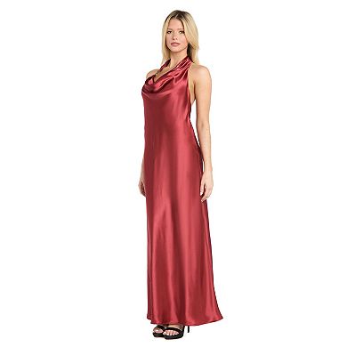 Juniors' Morgan and Co Satin Cowl Halter Dress with Buckle & Open Back