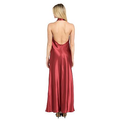 Juniors' Morgan and Co Satin Cowl Halter Dress with Buckle & Open Back