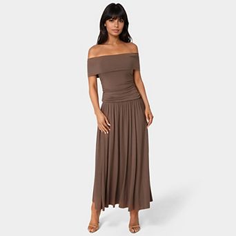 Women's bebe Off The Shoulder Drop Waist Maxi Dress