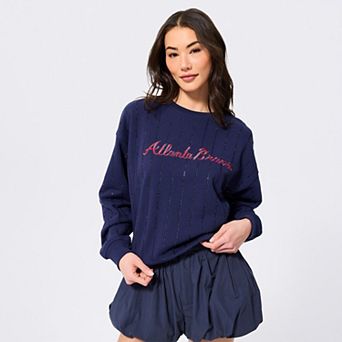 Women's Terez Navy Atlanta Braves Gemstone Stripe Logo Crewneck Sweatshirt