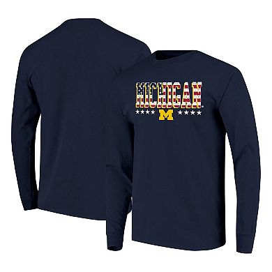 Men's Navy Michigan Wolverines Tall Type Flag Long Sleeve T-Shirt