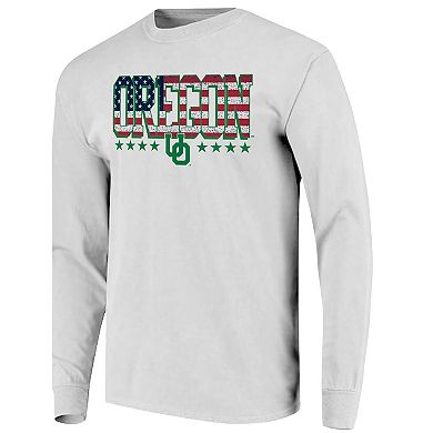 Men's White Oregon Ducks Tall Type Flag Long Sleeve T-Shirt