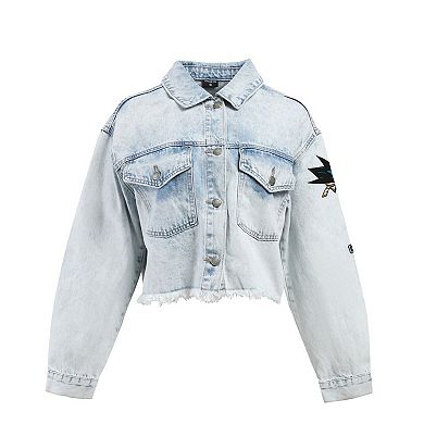 Women's Hype and Vice Denim San Jose Sharks Chenille Raw Edge Cropped Full-Button Jean Jacket