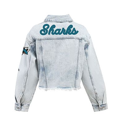 Women's Hype and Vice Denim San Jose Sharks Chenille Raw Edge Cropped Full-Button Jean Jacket