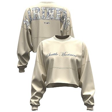 Women's Fanatics Light Beige Seattle Mariners Spirit Floral Script Cropped Long-Sleeve T-Shirt