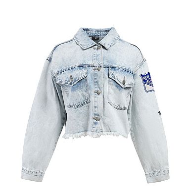 Women's Hype and Vice Denim New York Rangers Chenille Raw Edge Cropped Full-Button Jean Jacket