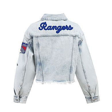 Women's Hype and Vice Denim New York Rangers Chenille Raw Edge Cropped Full-Button Jean Jacket