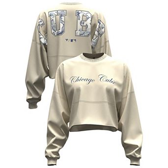 Women's Fanatics Light Beige Chicago Cubs Spirit Floral Script Cropped Long-Sleeve T-Shirt