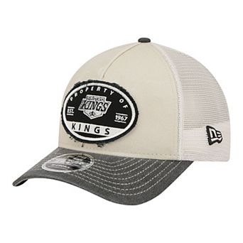 Men's New Era Natural/Black Los Angeles Kings Frayed M-Crown A-Frame 9FORTY Trucker Adjustable Hat