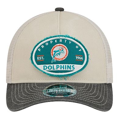 Men's New Era Natural Miami Dolphins Frayed M-Crown A-Frame 9FORTY Adjustable Hat
