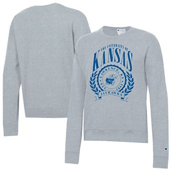 Women's Champion Heather Gray Kansas Jayhawks Academic Crest Powerblend Crewneck Sweatshirt