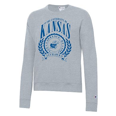 Women's Champion Heather Gray Kansas Jayhawks Academic Crest Powerblend Crewneck Sweatshirt