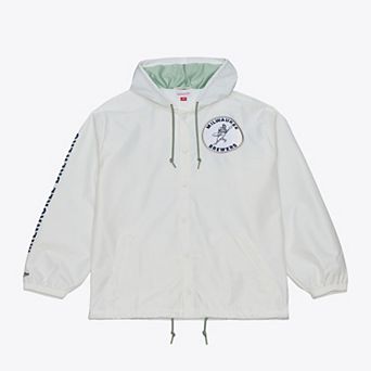 Men's Mitchell & Ness White Milwaukee Brewers Yacht Rock Coaches Full-Snap Hooded Windbreaker Jacket