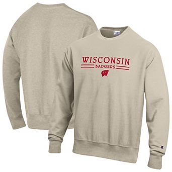 Men's Champion Oatmeal Wisconsin Badgers Reverse Weave Crewneck Sweatshirt