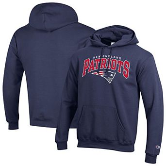 Men's Champion Navy New England Patriots Powerblend Arch over Logo Hoodie
