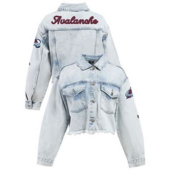 Women's Hype and Vice Denim Colorado Avalanche Chenille Raw Edge Cropped Full-Button Jean Jacket