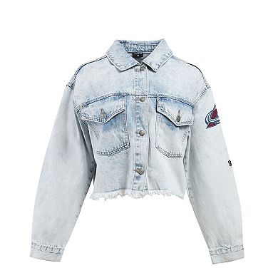 Women's Hype and Vice Denim Colorado Avalanche Chenille Raw Edge Cropped Full-Button Jean Jacket