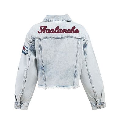Women's Hype and Vice Denim Colorado Avalanche Chenille Raw Edge Cropped Full-Button Jean Jacket