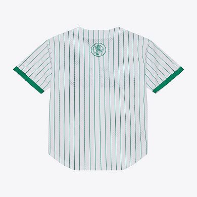 Men's Mitchell & Ness White Boston Celtics Head Coach Pinstripe Mesh Full-Button Baseball Jersey