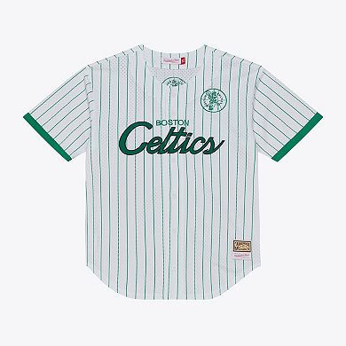Men's Mitchell & Ness White Boston Celtics Head Coach Pinstripe Mesh Full-Button Baseball Jersey
