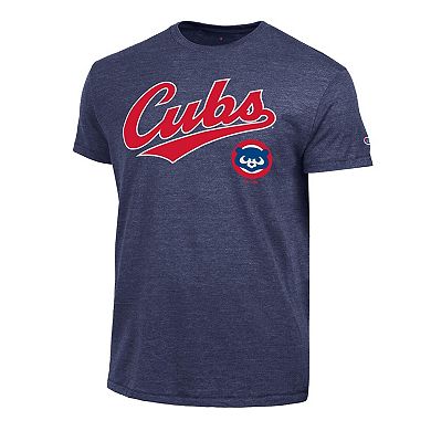 Men's Champion Navy Chicago Cubs Cooperstown Wordmark Lockup Tri-Blend T-Shirt