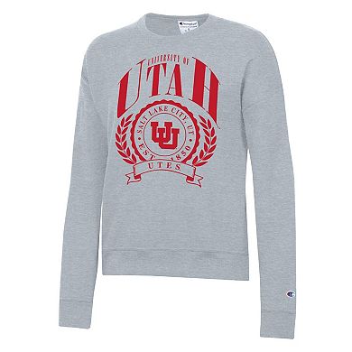 Women's Champion Heather Gray Utah Utes Academic Crest Powerblend Crewneck Sweatshirt
