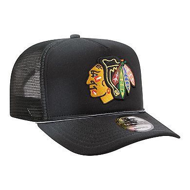 Men's New Era Black Chicago Blackhawks Faded A-Frame 9FIFTY Trucker Snapback Hat