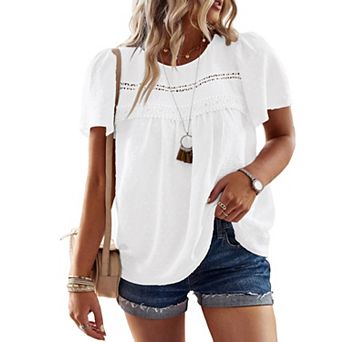 Women’s Casual Round Neck Short Sleeve Blouse Plus Size Hollow Out Lace Trim Loose Fit Summer Tee