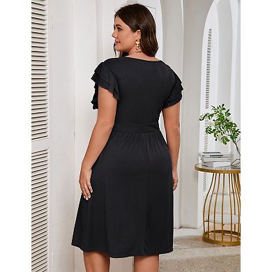 Plus Size Dresses for Women Square Neck Flutter Short Sleeve Dress with Pockets