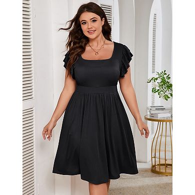 Plus Size Dresses for Women Square Neck Flutter Short Sleeve Dress with Pockets