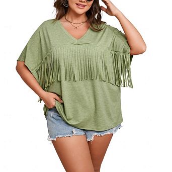 Women’s Plus Size V Neck Batwing Short Sleeve Tops Casual Fringe Tassel Loose Summer Blouse