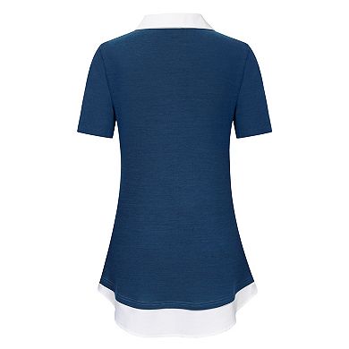 Women's V Neck Short Sleeve Tops Summer Color Blocking Blouse Tunics