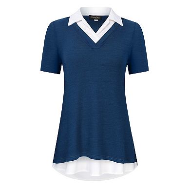 Women's V Neck Short Sleeve Tops Summer Color Blocking Blouse Tunics