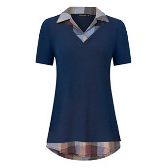 Women's V Neck Short Sleeve Tops Summer Color Blocking Blouse Tunics