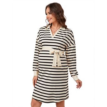 Women's Maternity Long Sleeve Striped Loose Fit V Neck Midi Sweater Dress with Belt